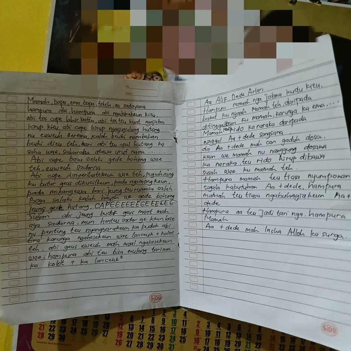 Secarik surat yang ditemukan di rumah kontrakan tempat ketiga jenazah ditemukan tan bernyawa di Kecamatan Banjaran, Kabupaten Bandung, Jawa Barat, Jumat (5/9/2025)