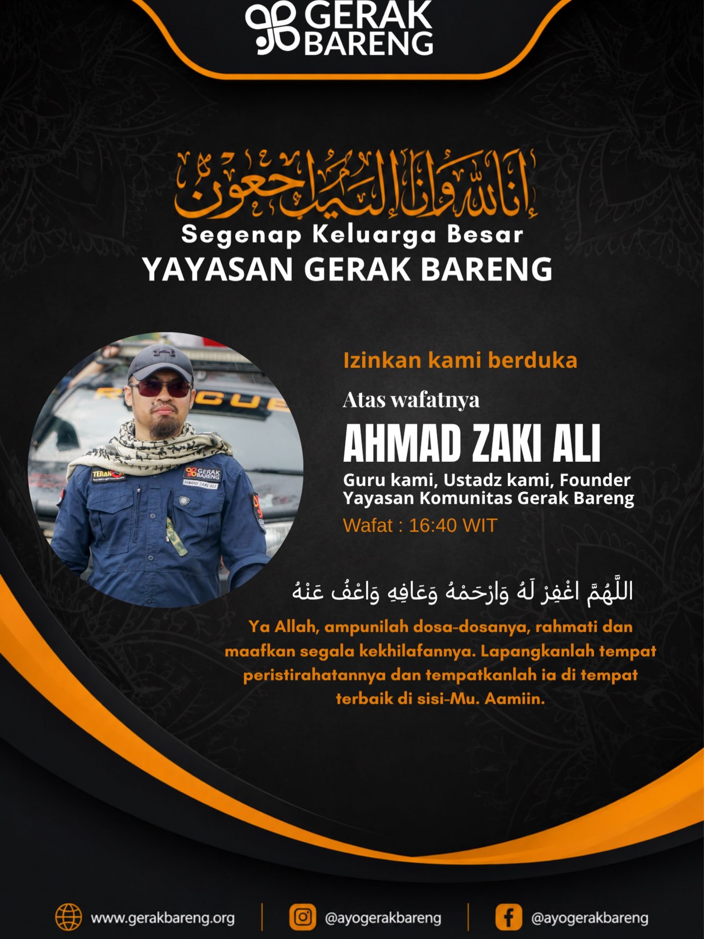 Ahmad Zaki Ali (41), pendiri Yayasan Gerak Bareng sekaligus relawan kemanusiaan yang meninggal dunia saat menjalankan misi membantu korban gempa bumi di Nusa Tenggara Timur (NTT)