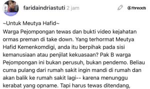 Unggahan yang mengkritik Menkomdigi Meutya Hafid yang diduga menarik video bukti kekerasan kepada Bambang warga Pejompongan dari platform medsos (istimewa)