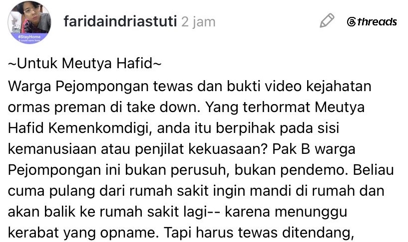 Unggahan yang mengkritik Menkomdigi Meutya Hafid yang diduga menarik video bukti kekerasan kepada Bambang warga Pejompongan dari platform medsos (istimewa)